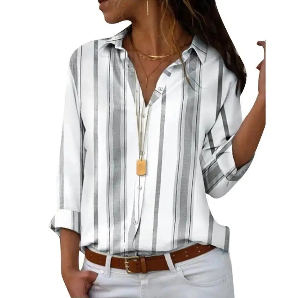 Chemisier Femme Taille 42 - Blanc à Rayures Grises - Viscose - Manches Longues - Occasion Très Bon état
